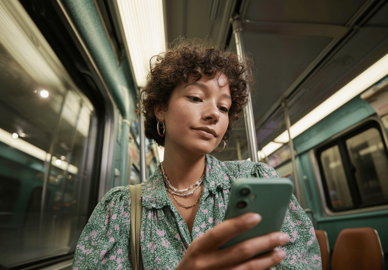 Woman using phone on subway